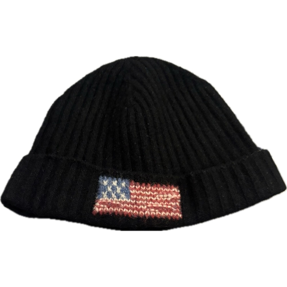 Polo Ralph Lauren Mens Black Lambswool Blend American Flag Patch Ribbed Beanie